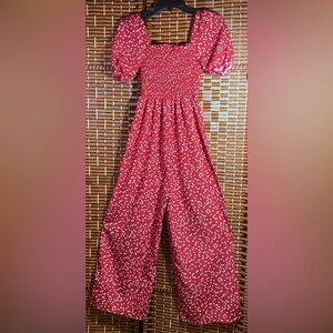 SHEIN Teen Red Heart Print Smocked Puff Sleeve Wide Leg Jumpsuit Size 13Y